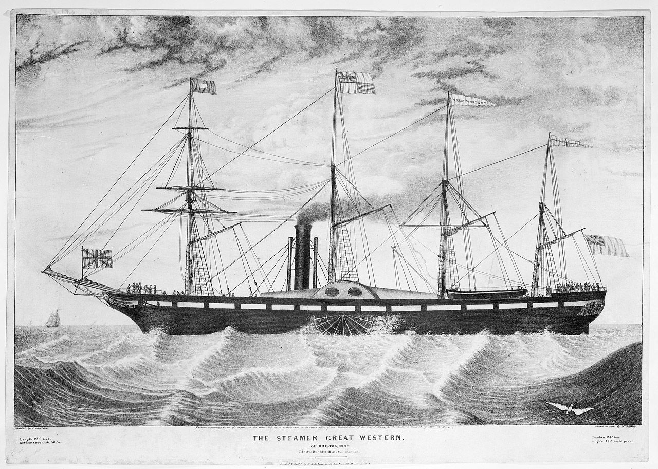Lithograph of Great Western, which has four masts and a paddle wheel midship