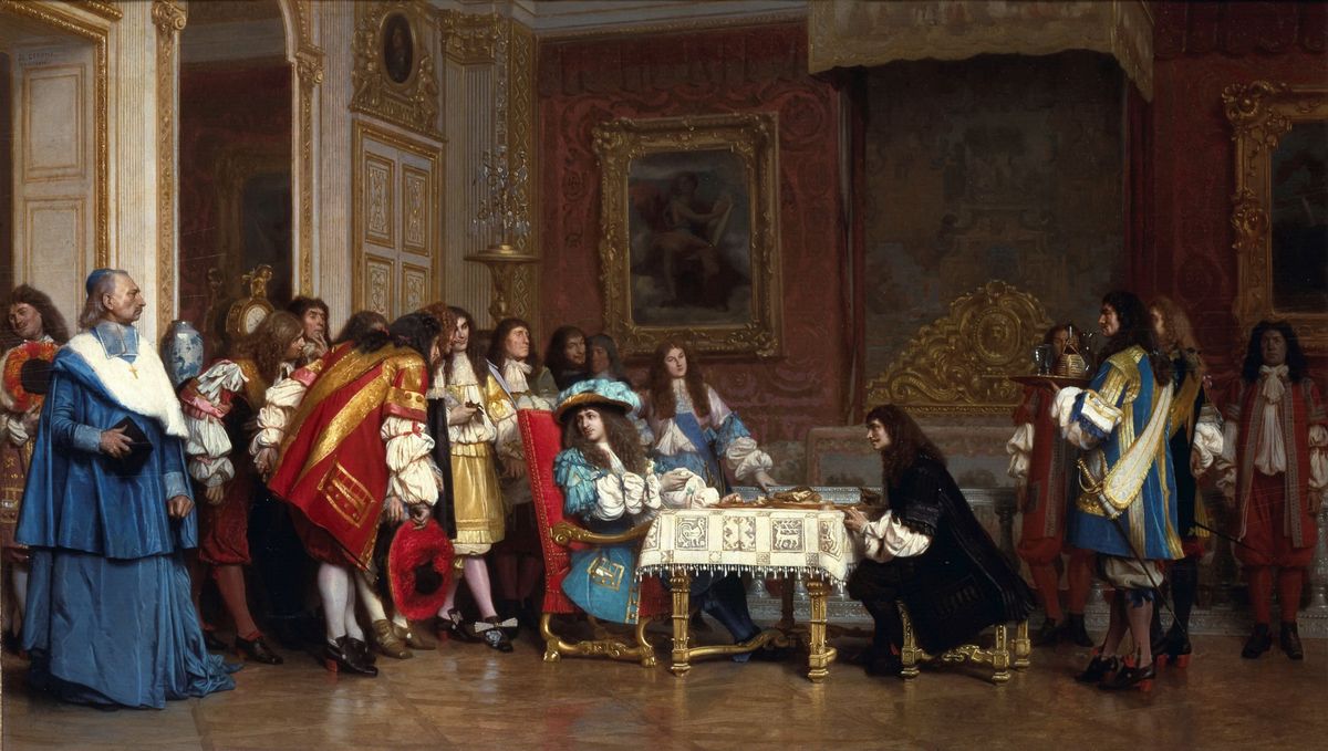 Realistic painting of King Louis XIV dining with Molière in front of a crowd of nobles