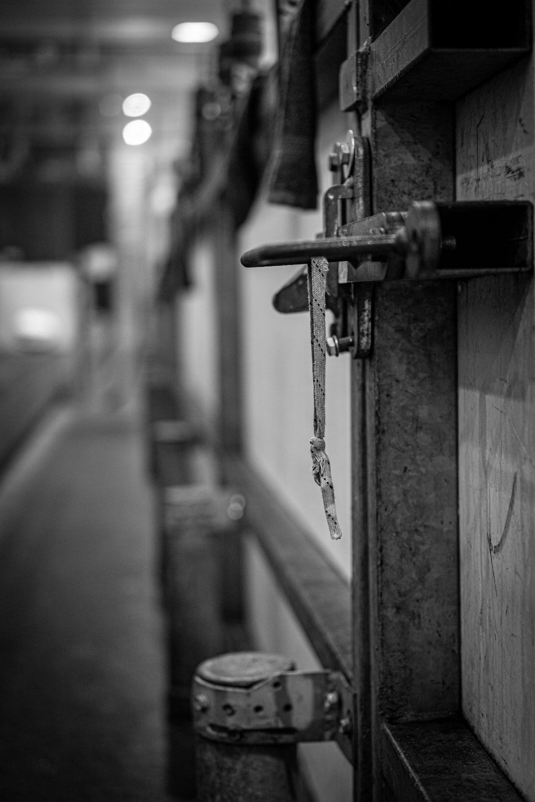 Black and white photo of the hinges on a door to an ice rink